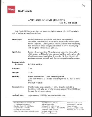 NK细胞抑制剂                  Anti Asialo GM1(Anti AsGM1)