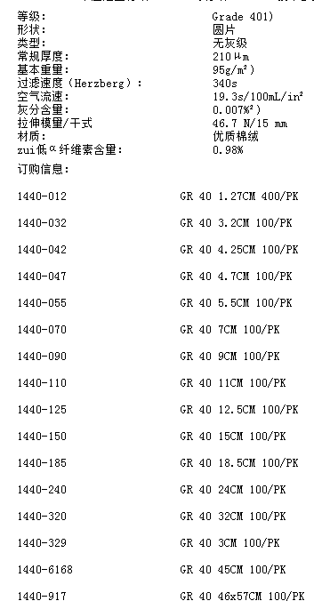 沃特曼GR 40无灰级定量滤纸1440-047