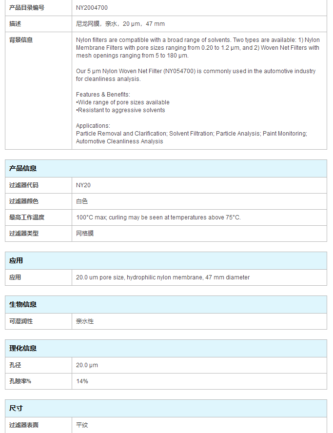 Millipore密理博孔径20um尼龙膜NY2004700